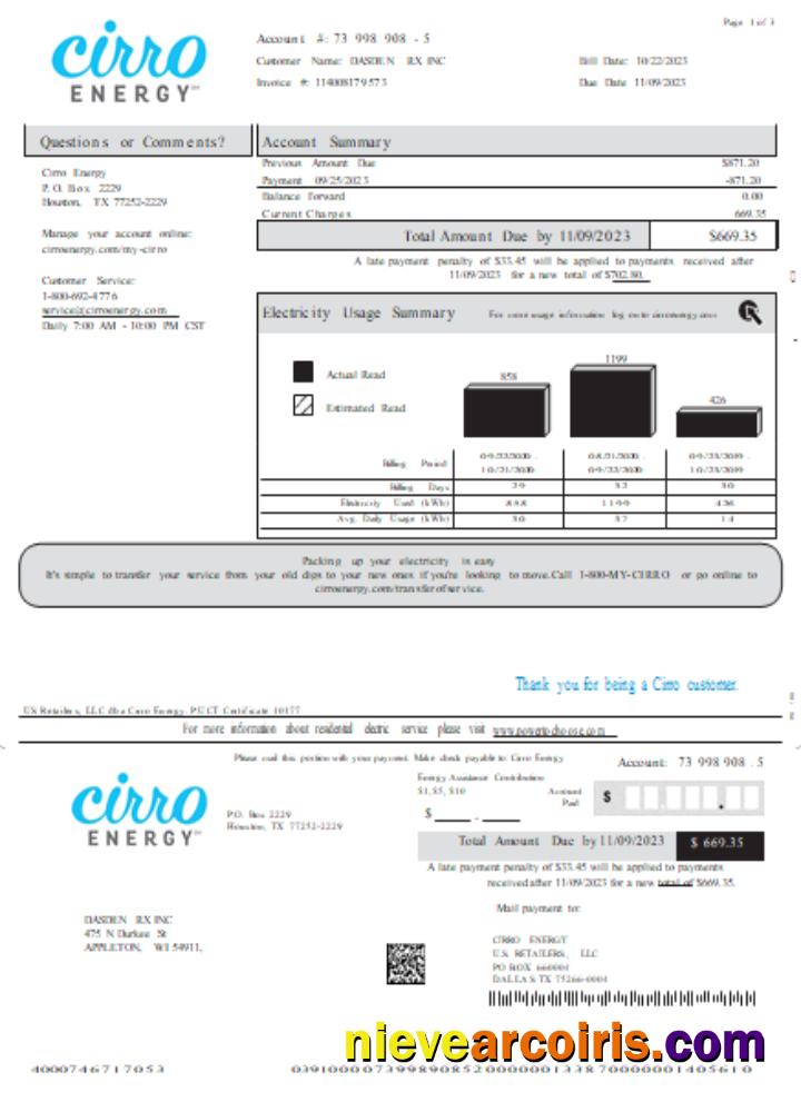 Texas Cirro Energy utility business bill, page 1